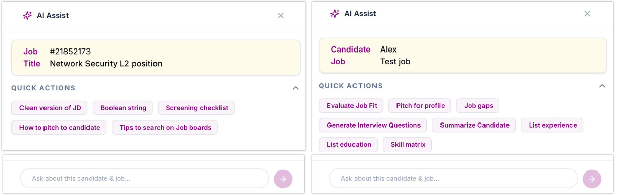 AI Copilot split-screen interface showing Job Copilot quick actions and Profile Copilot candidate skill decoding