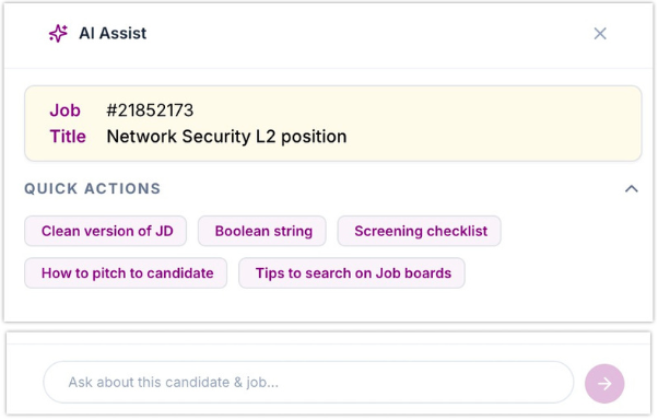 Job Copilot sidebar mockup showing quick action chips and the interactive prompt bar