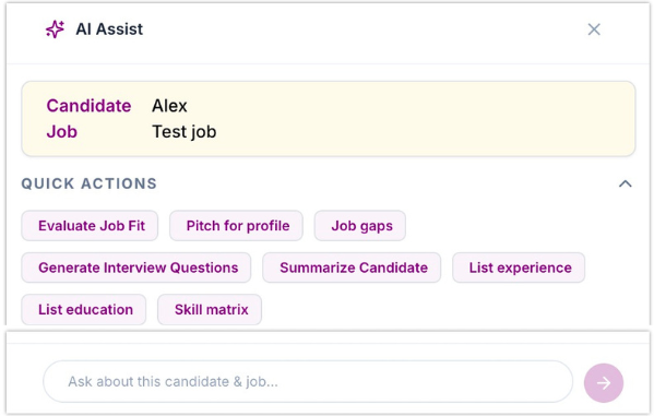 Profile Copilot panel mockup showing candidate fit analysis quick actions