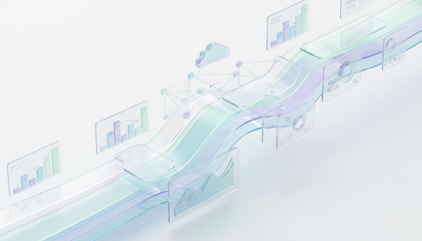 Sleek dark analytics dashboard projected onto glass with golden trend lines flowing through a modern skyscraper view