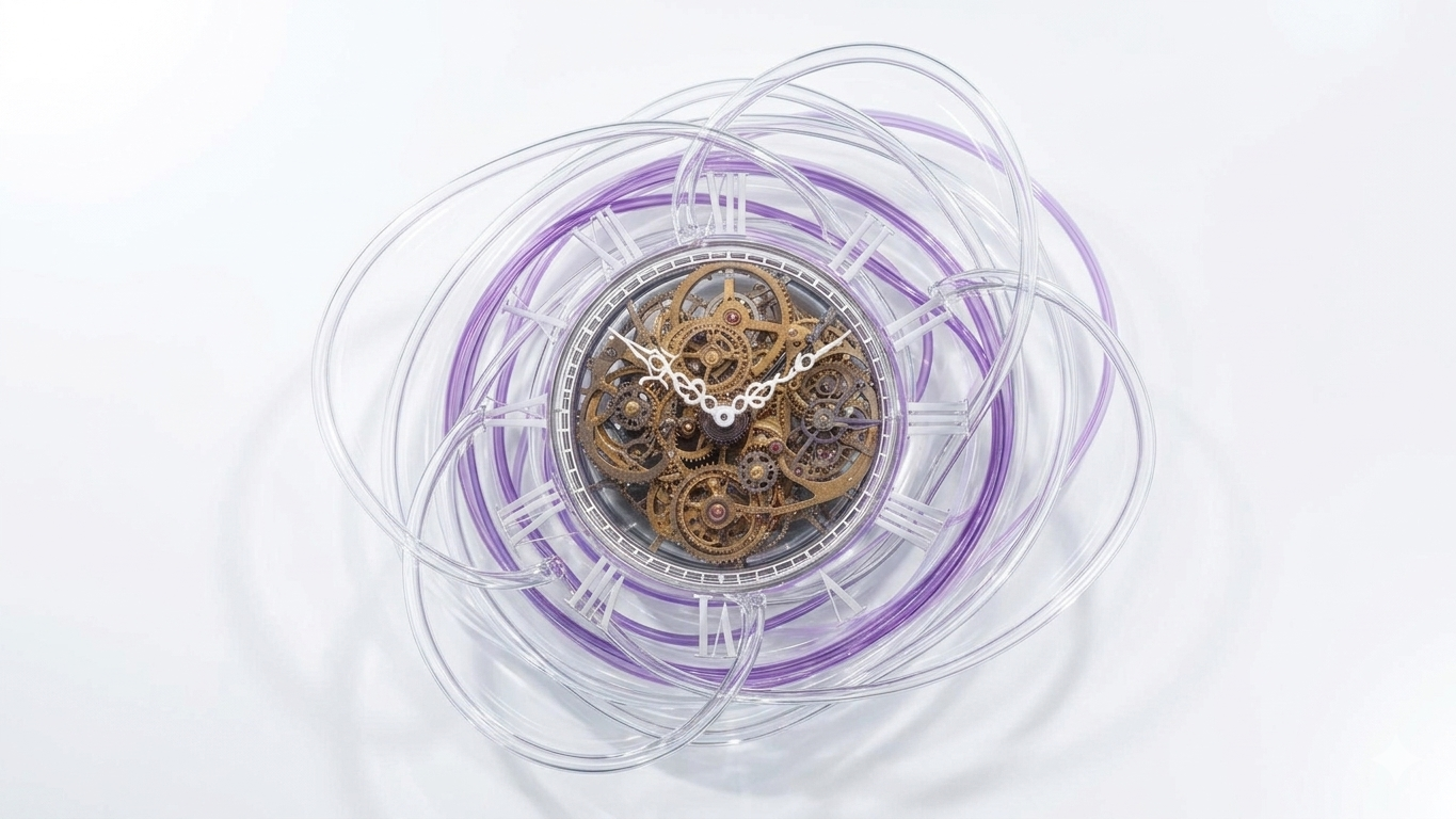 Synchronized clockwork mechanism made of light symbolizing orchestration
