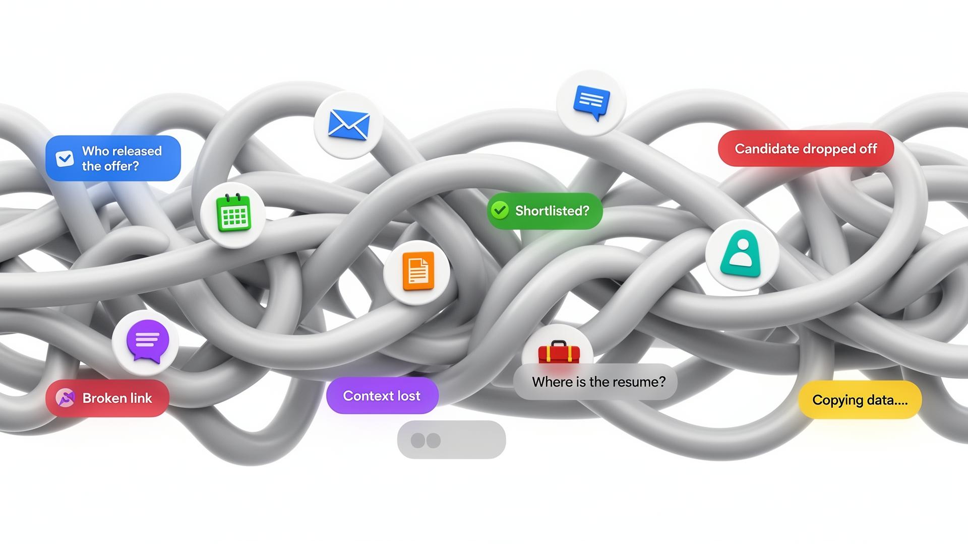 Tangled 3D pipes representing fragmented recruitment tools with icons showing lost context, broken links, and candidate drop-offs