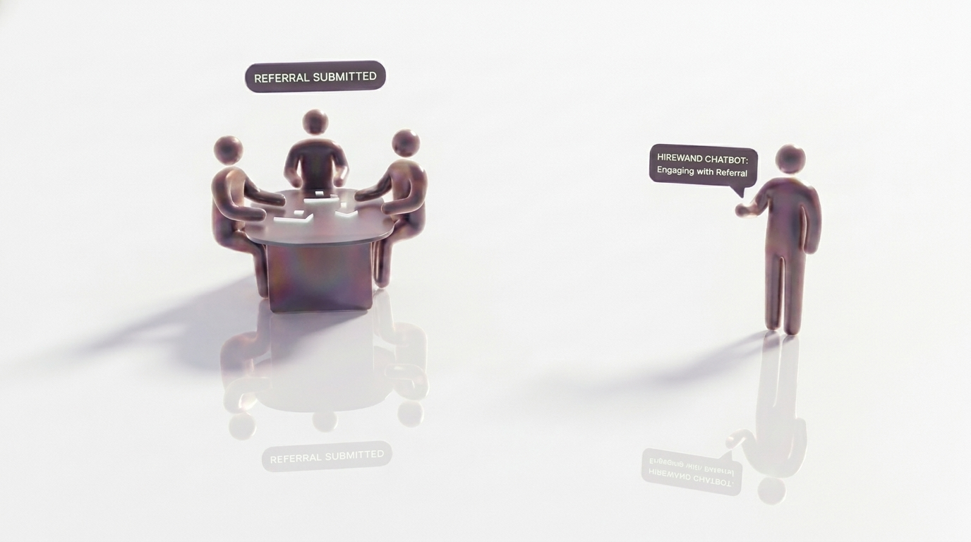 Employee submits referral as candidate engages with Hirewand AI chatbot