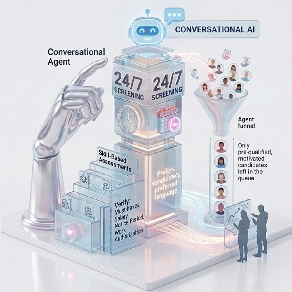 Conversational AI 24/7 screening with skill-based assessments