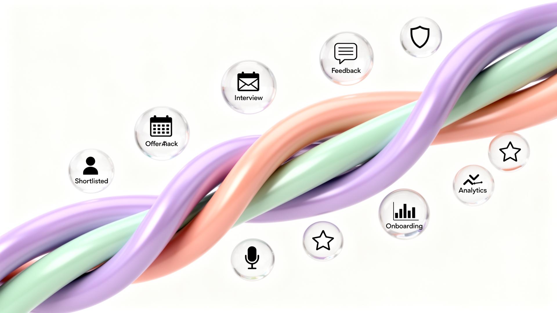 Smooth 3D illustration showing a unified recruitment workflow with AI screening, interview scheduling, offer generation, and onboarding flowing seamlessly